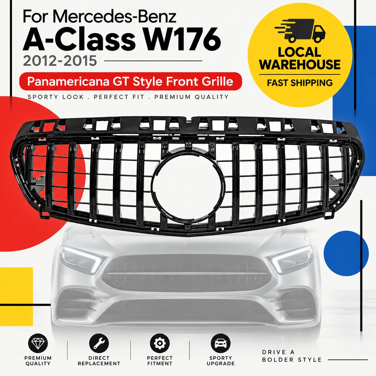 Schwarzer Kühlergrill für Mercedes-Benz A-Klasse W176 2012-2015, Frontgrill im Panamericana GT-Stil