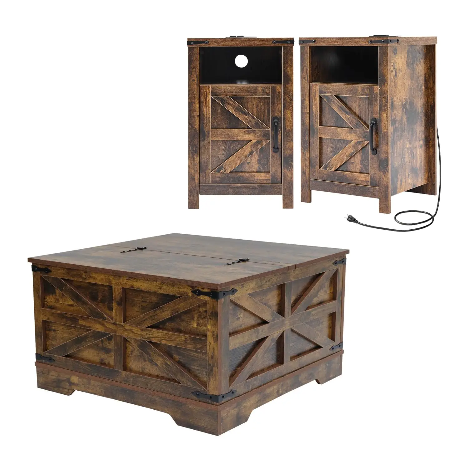 

Brown Coffee Table & End Table Set USB Charging Living Room 3pcs, Custom