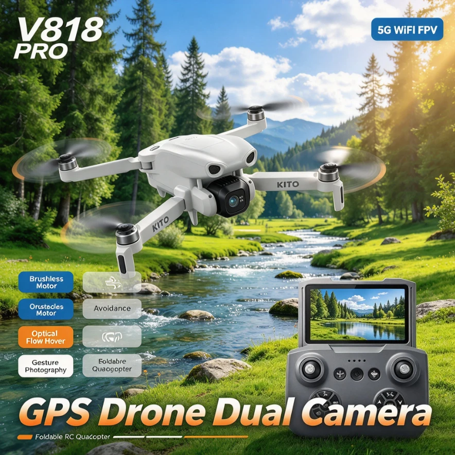 V818 Pro GPS Foldable RC Quadcopter 8K Dual Camera 5G WiFi FPV Brushless Motor Obstacle Avoidance Optical Flow Aerial Drone