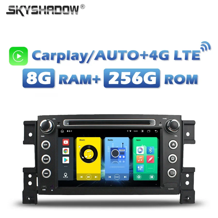 4G SIM Carplay Auto Android 13.0 8G+256G Car DVD Player IPS DSP GPS map RDS Radio Wifi Bluetooth For SUZUKI Vitara 2005-2012