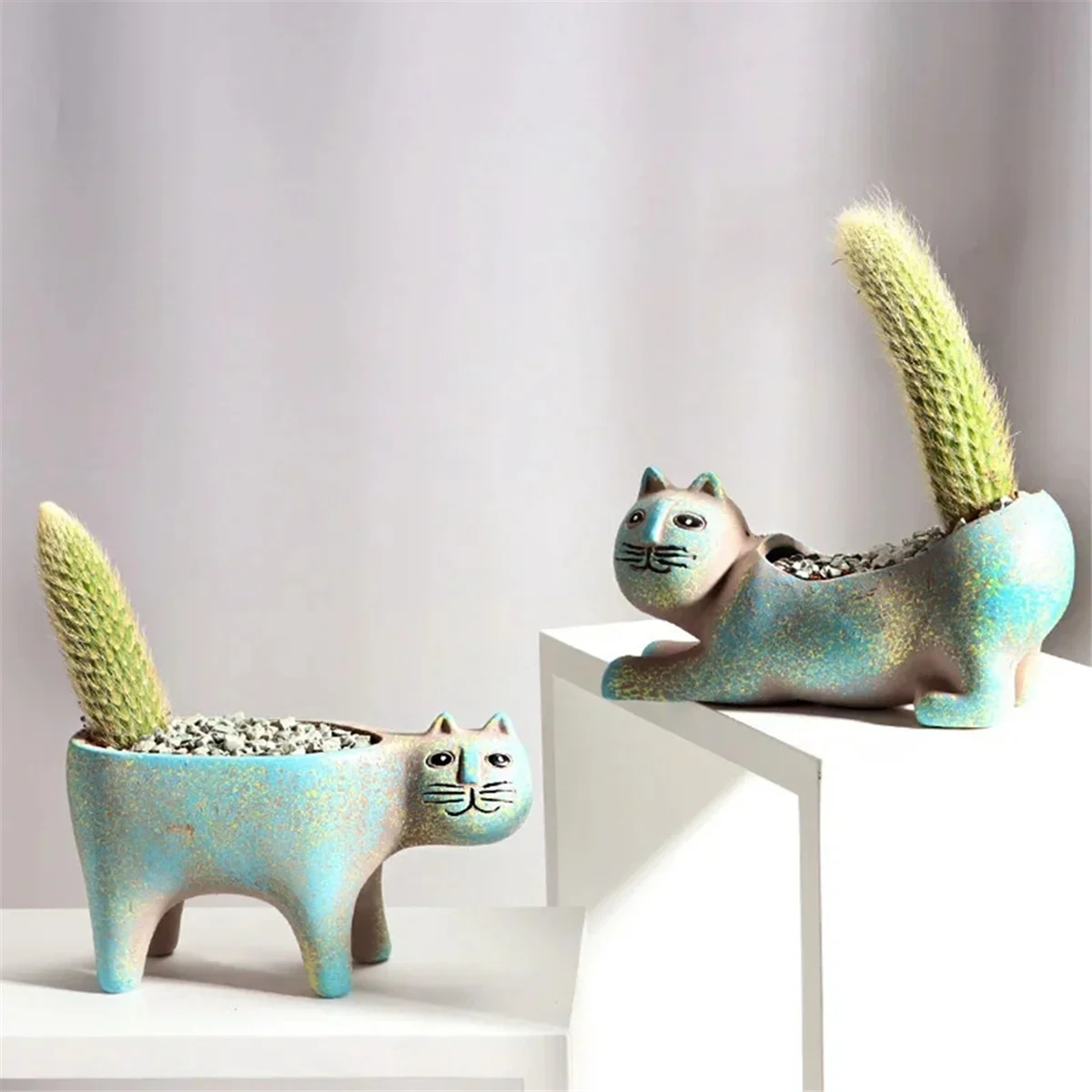 2PCS Cute Cat Succulent Plant Pot Vase Cartoon Animal Ceramic Flower Pot Simulation Cactus Flower Pot Planters