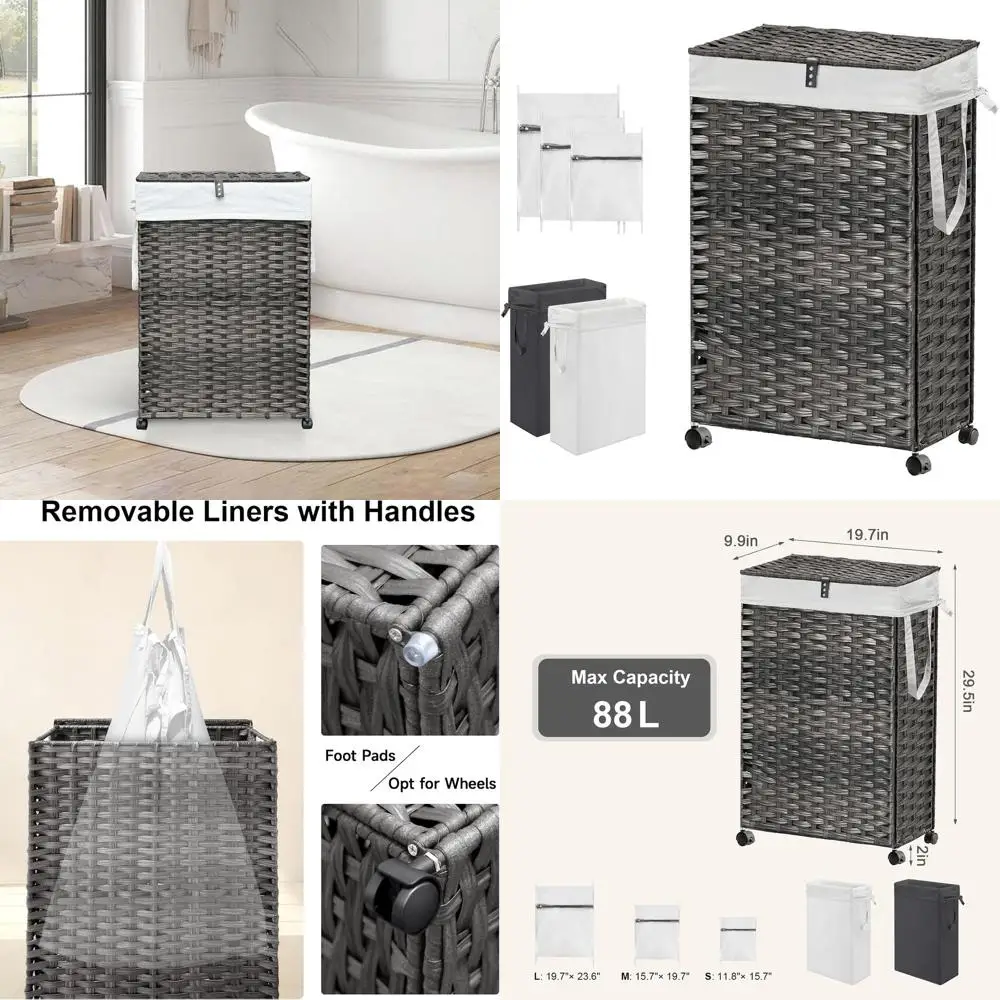 

Корзина для белья на колесиках с крышкой, 88,5 л, высокая узкая корзина на колесах, 2 съемных вкладыша и 3 сетчатых мешка, сортировщик для белья, серый