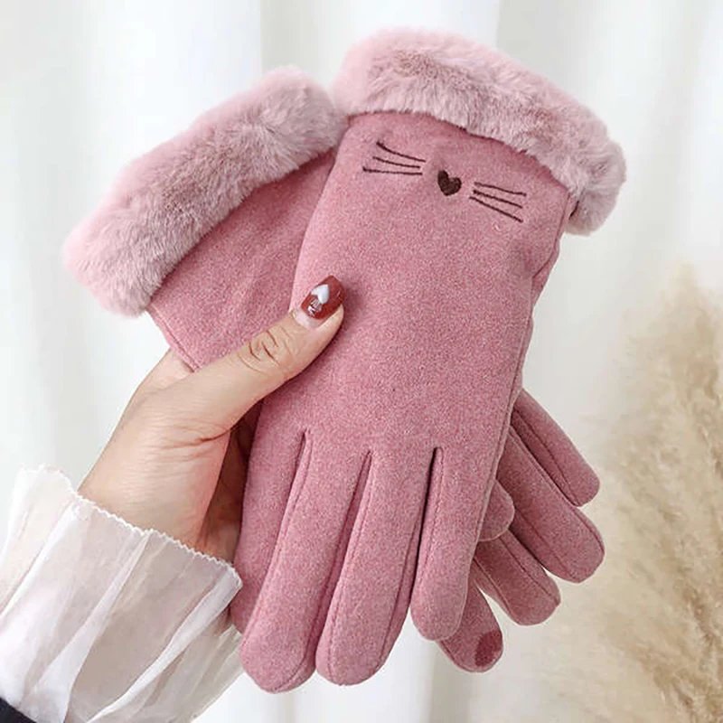 

Autumn Winter Warm Suede Gloves Plus Velvet Thickened Plush Decor Cuff Gloves Outdoor Coldproof Touchscreen Riding Ski Gloves