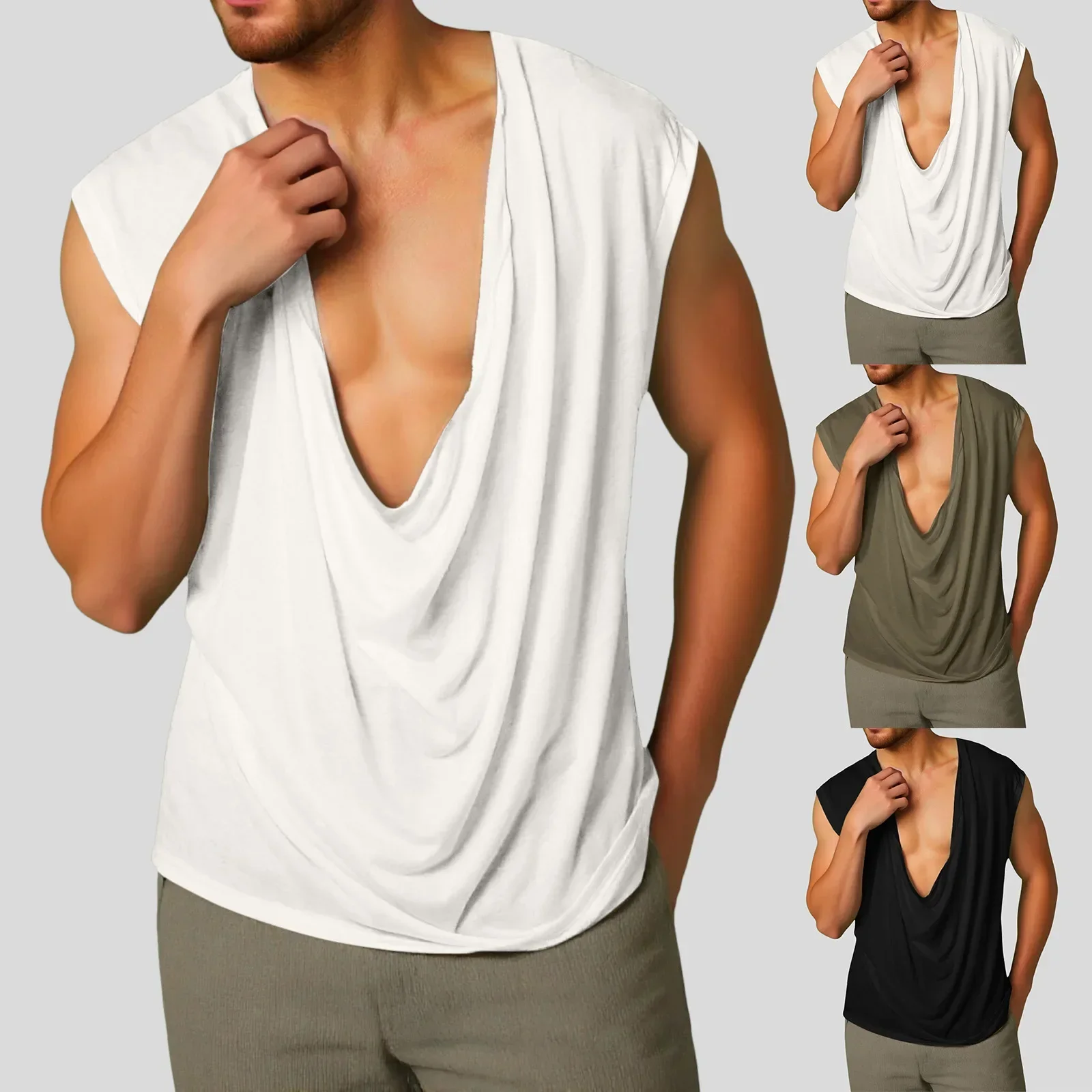

Men's Hot Sale Solid Color Sleeveless Sports V-Neck Bottom Shirt Wide Shoulder Solid Color Swinging Neck Vest