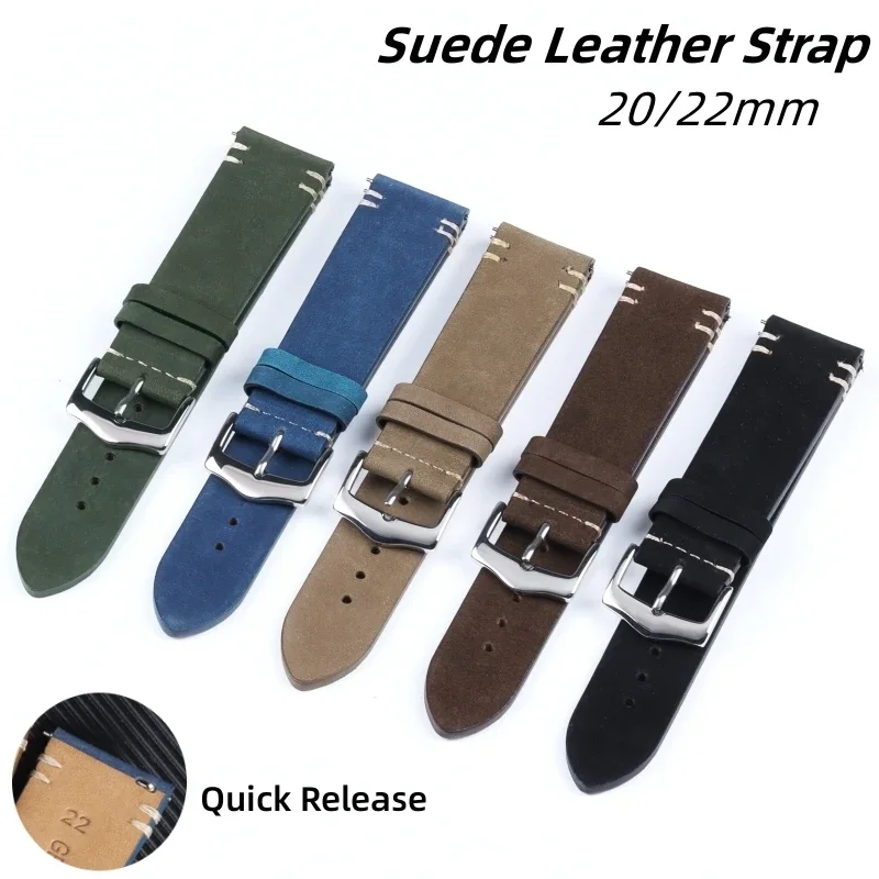 Suede Leather Watch Strap 20mm 22mm Vintage Watch Band Replacement Wristband for Omega Handmade Stitching Bracelet Quick Release