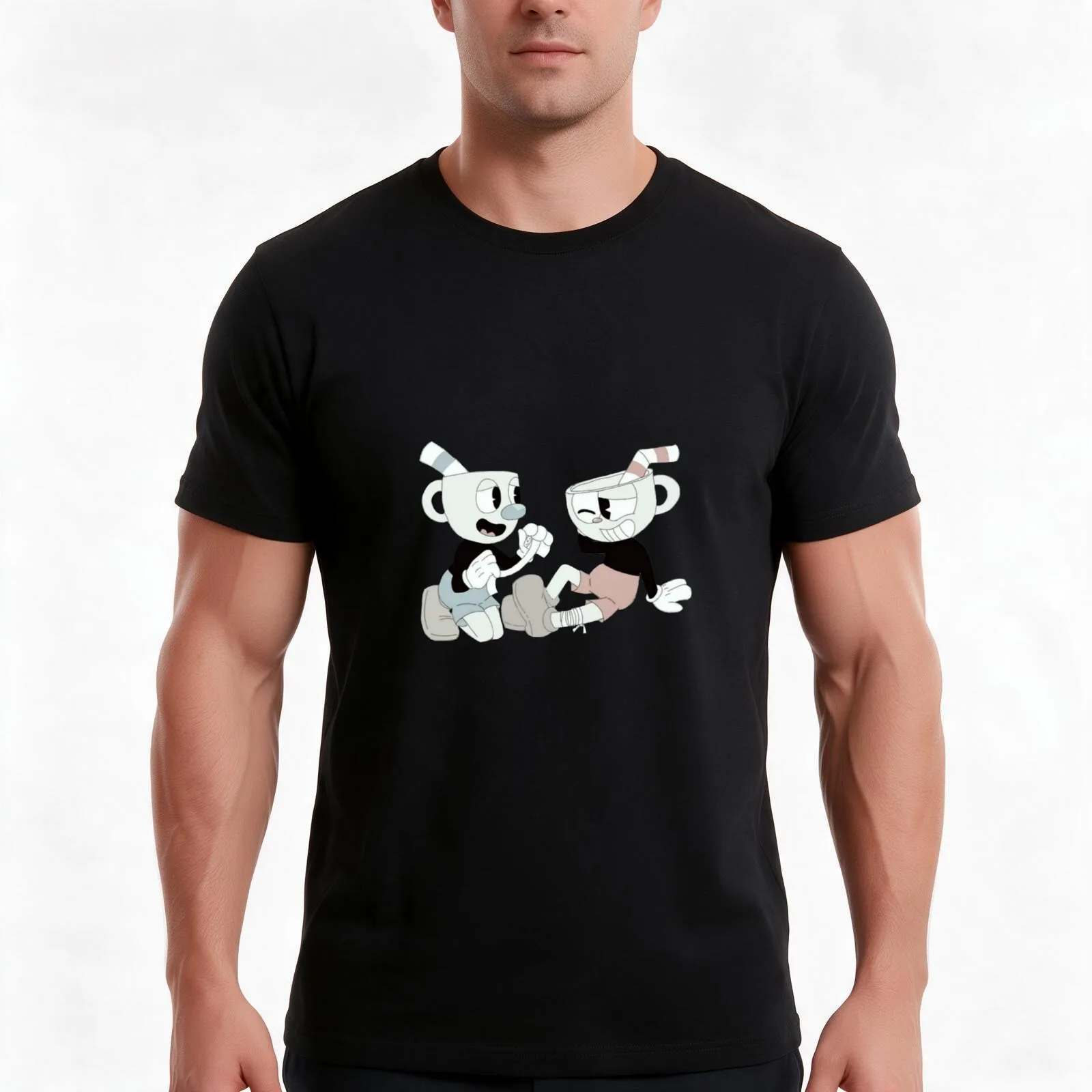 Cuphead and Mugman T-Shirt, Summer Casual Cotton Tee, Oversized Streetwear Tops, Vintage Graphic Print, Loose Fit Short Sleeve