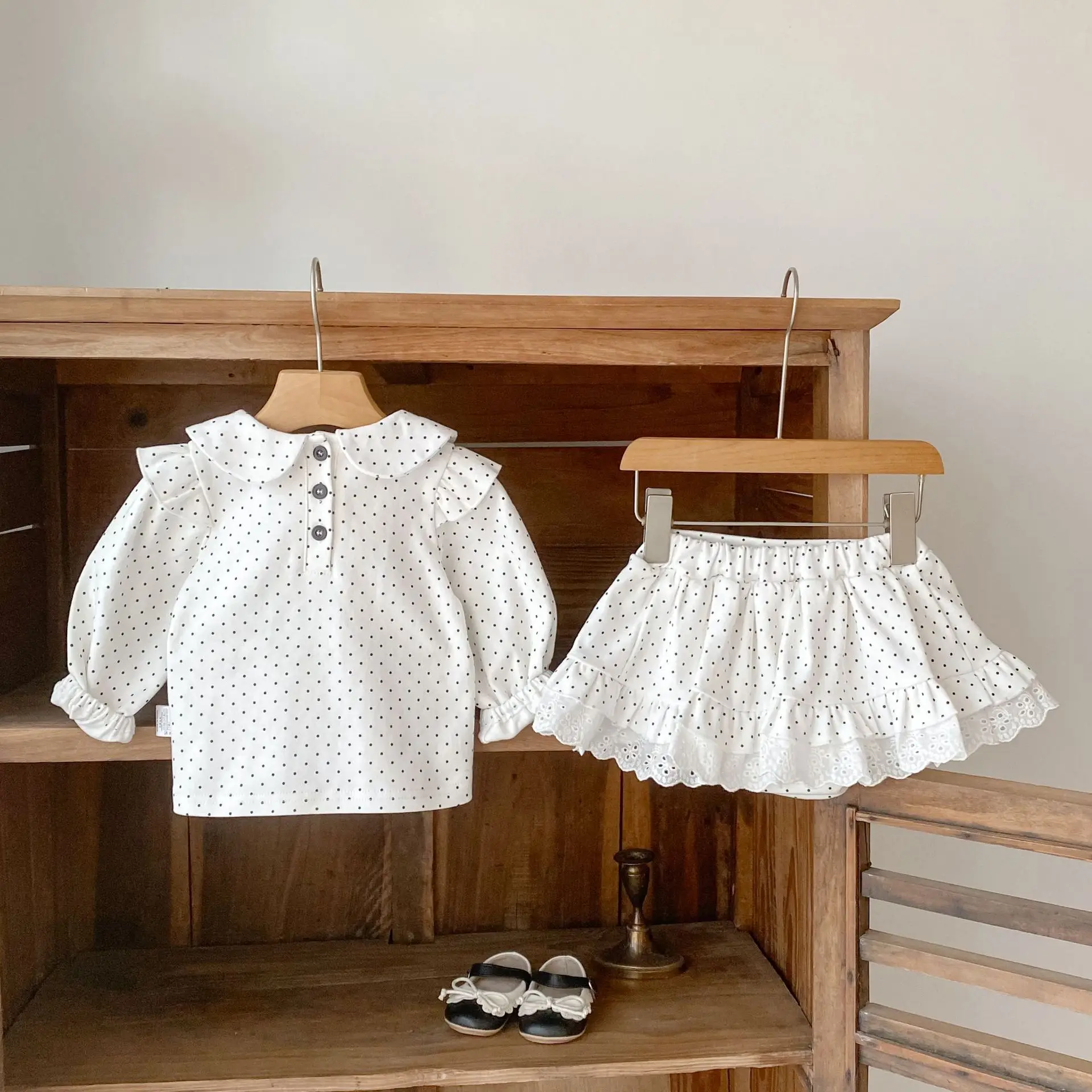 Spring and Autumn Long Sleeve Cute Fashion Versatile Polka Dot Top and Skirt Set for Girls, Pure Cotton Two-Piece Set
