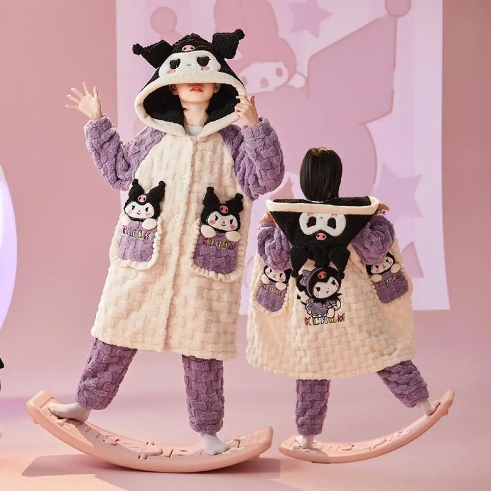 

Осенне-зимний детский пижамный комплект Sanrio Cinnamoroll Kuromi, утепленный коралловый фланелевой халат с капюшоном для девочек, теплая домашняя одежда