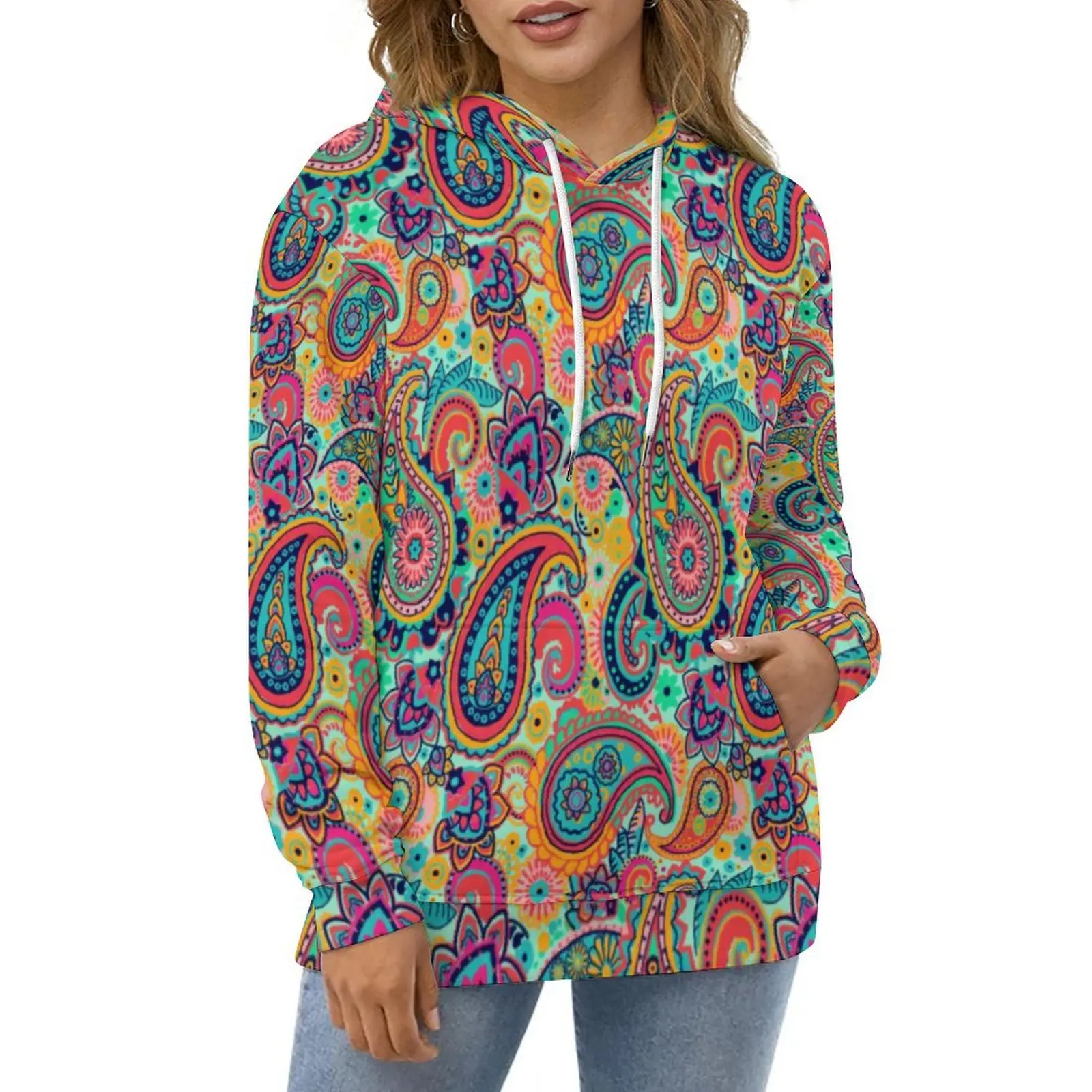 

Rainbow Paisley Print Hoodies Long Sleeve Bright Floral Y2k Casual Hoodie Spring Hip Hop Oversized Design Loose Sweatshirts