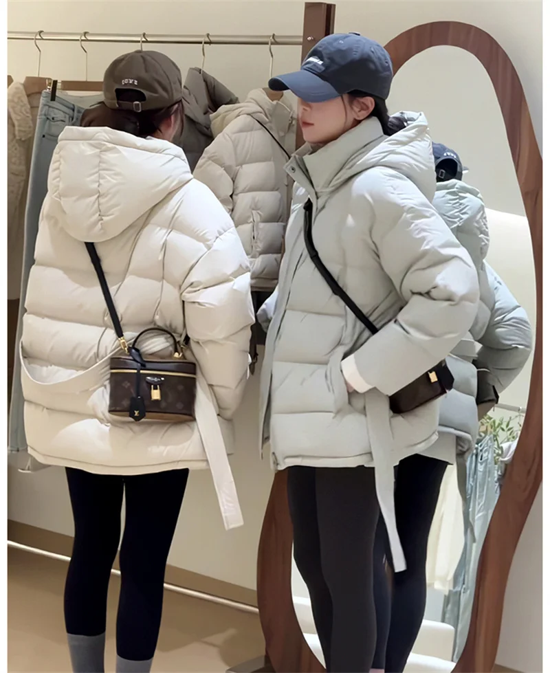 ZAROY Women Winter Hooded Cotton Padded Jackets With Belt Solid Fashion Female Thicken Windproof Puffer Coat Loose Snow Overcoat