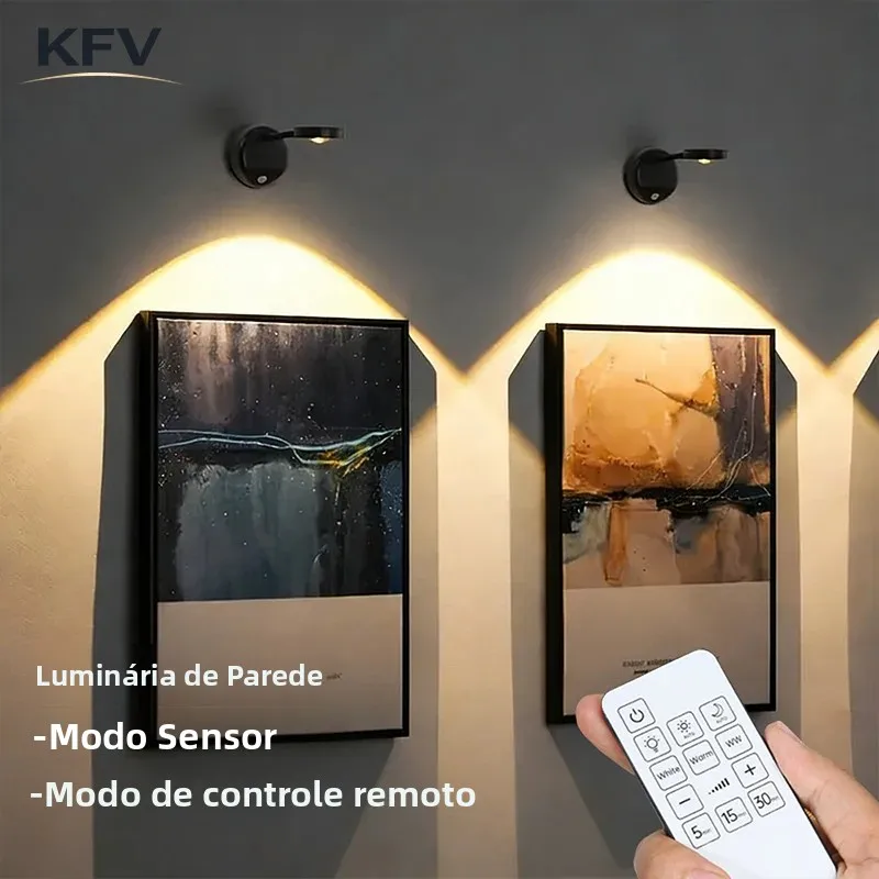 Luz de Parede Inteligente Recarregável KVF com Sensor de Presença, Dimerizável, 3 Cores, Spotlight LED para Iluminação de Pinturas e Imagens decoração parede luminaria parede luminaria de parede quadro decorativo