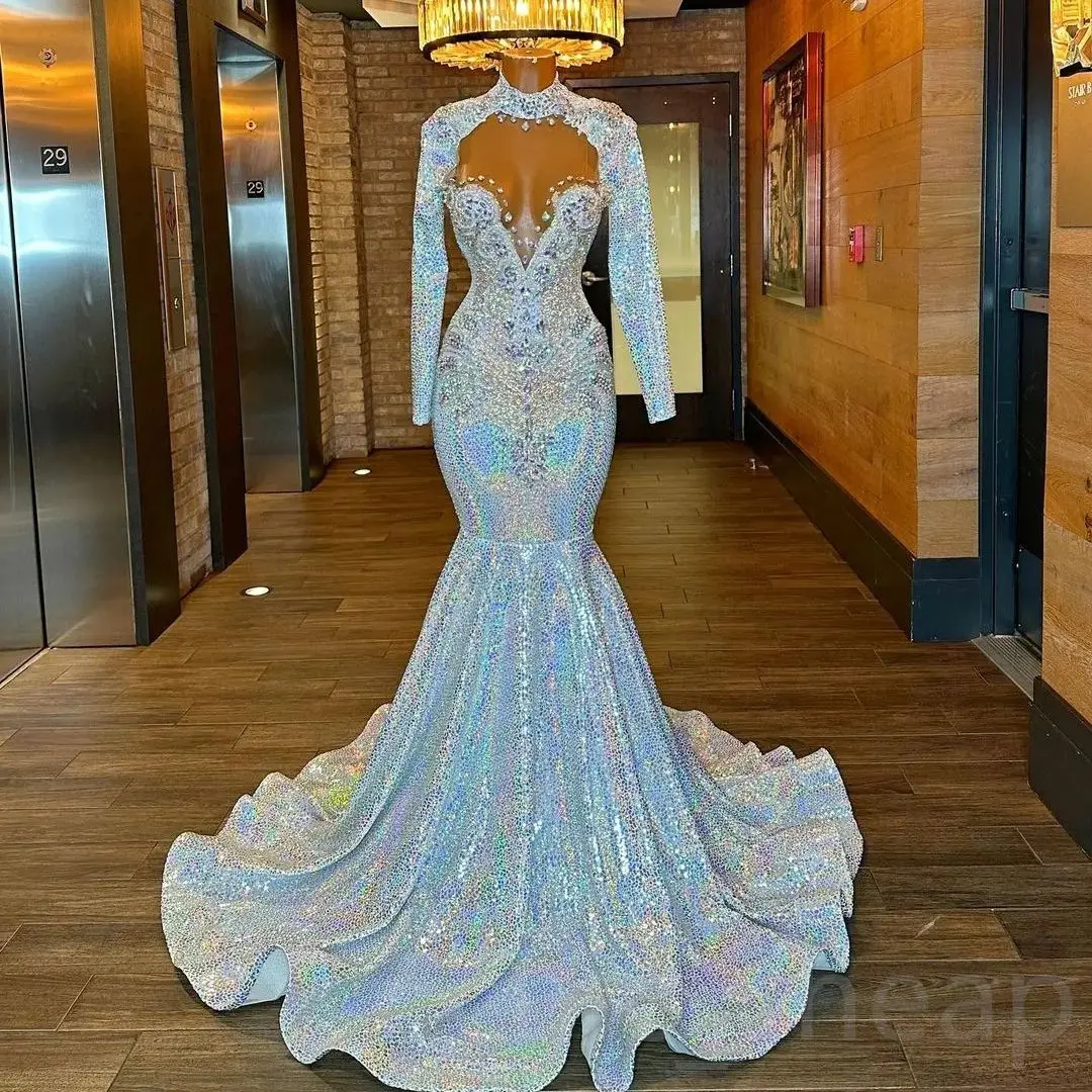 

African American Prom Dresses Mermaid Long Sleves Sequins Beaded Black Girls Nigeria Robe De Soiree Evening Gown Customized