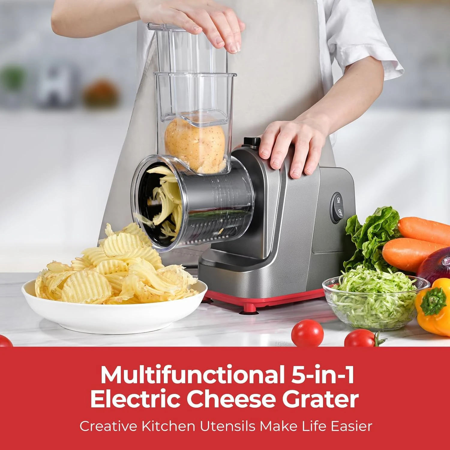 Electric Cheese Grater 250W Automatic Shredder with 5 Different Shapes of Blades for Kitchen Vegetables and Fruits