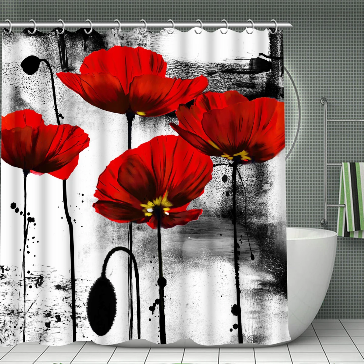 1/4 piece flower simple pattern waterproof shower curtain or waterproof anti-slip shower curtain set, 12 free hooks