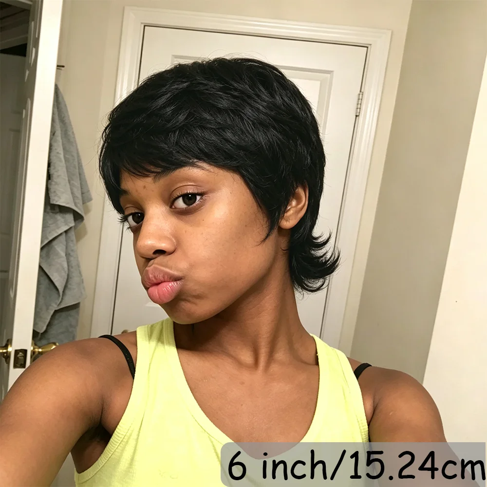 Black Short Wolf Cut Mullet Wigs With Bangs Natural Looking Human Hair Full Machine Made Layered Pixie Cut Wig with Fringe