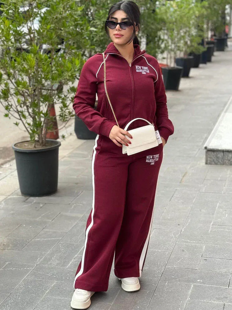 HH Women\'s Pant 2-Piece Set Female Fashion Versatile Printed Velvet Zip Jacket+Commuting Elastic Waist Belted Casual Pants