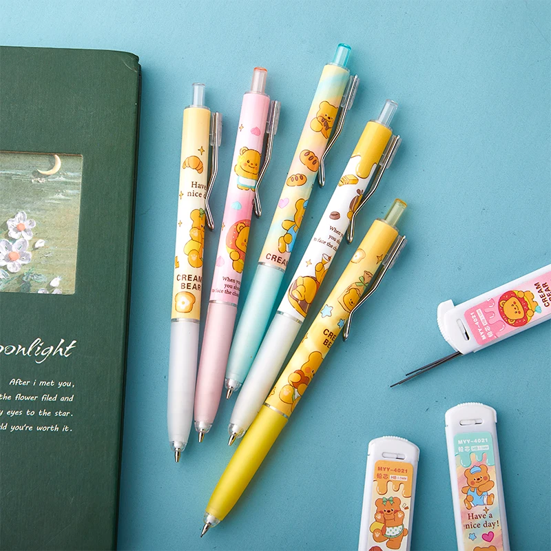 1Set Kawaii 0.5mm Butter Bear Pencil With Pen Refills Suit Cartoon Pen Clip Automatic Pencil Student Writing Stationery Supplies