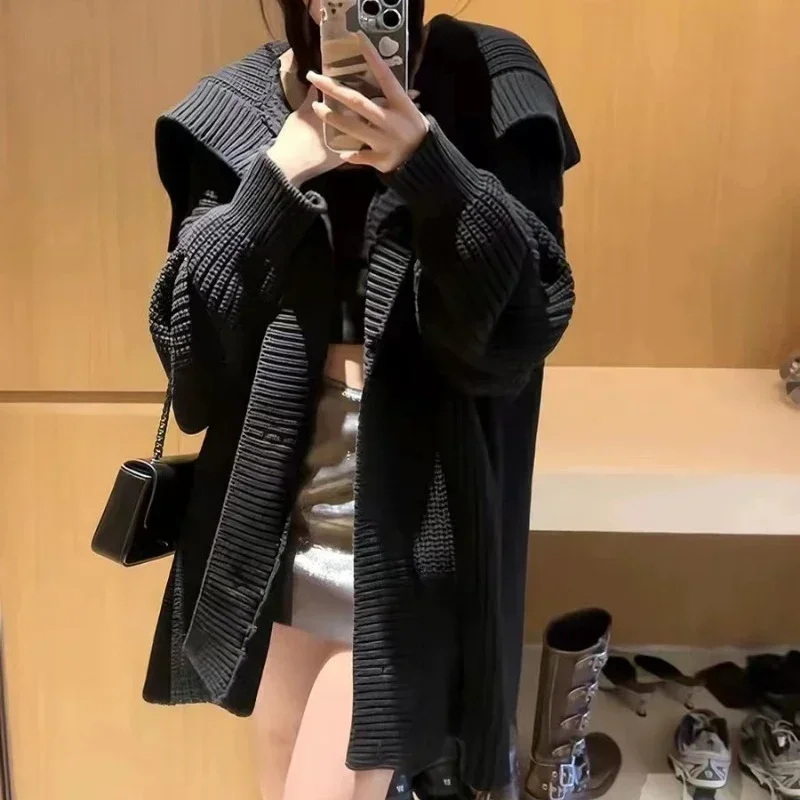 

Autumn Black Lapel Knitted Sweater Jacket Women Vintage Loose Casual Cardigan Women Fashion Languid Style Winter Sweaters 28527