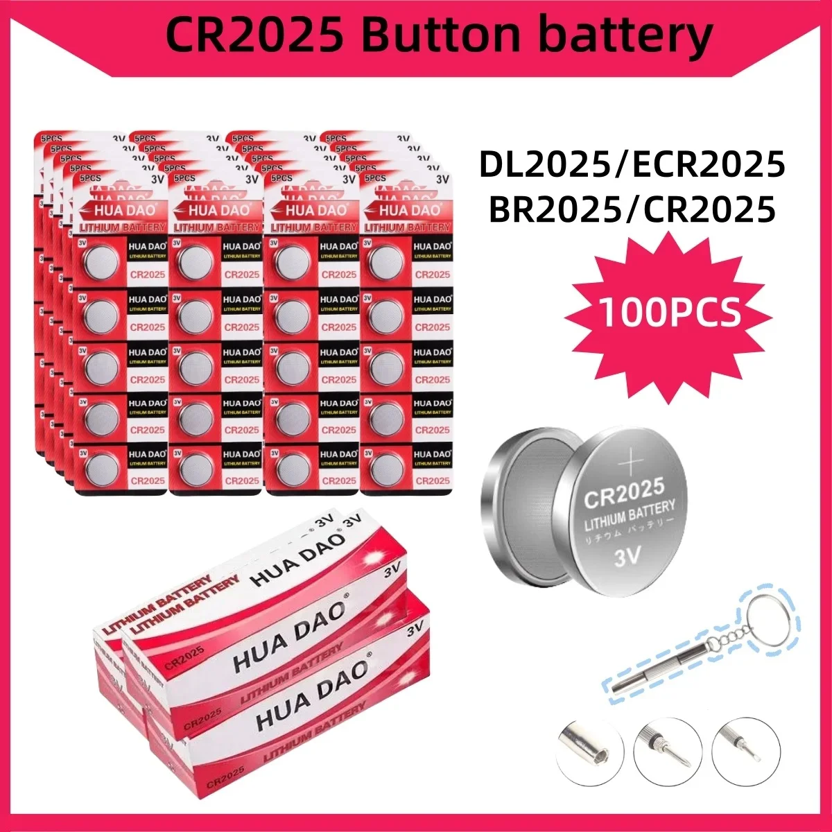

CR2025 3V 100PCS Lithium Coin Battery Ultra High Capacity Powerful Output Specialty Technology for tv remote car fob Watches 3V