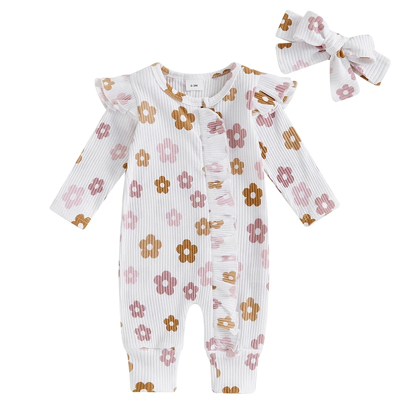 

Newborn Baby Girl Fall Winter Clothes Floral Ribbed Romper Long Sleeve Zipper Ruffle Footless Jumpsuit With Bow