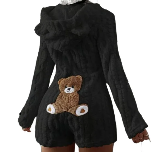 Women Fuzzy Fleece Hooded Romper Long Sleeve Bear Patch Plush Short Jumpsuit Warm Loungewear Pajama Onesie for Women 6