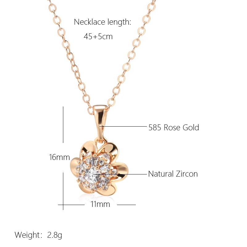 Kinel Hot 585 Rose Gold Color Crystal Flower Pendant Necklace For Women Natural Zircon Accessories Creative Daily Fine Jewelry