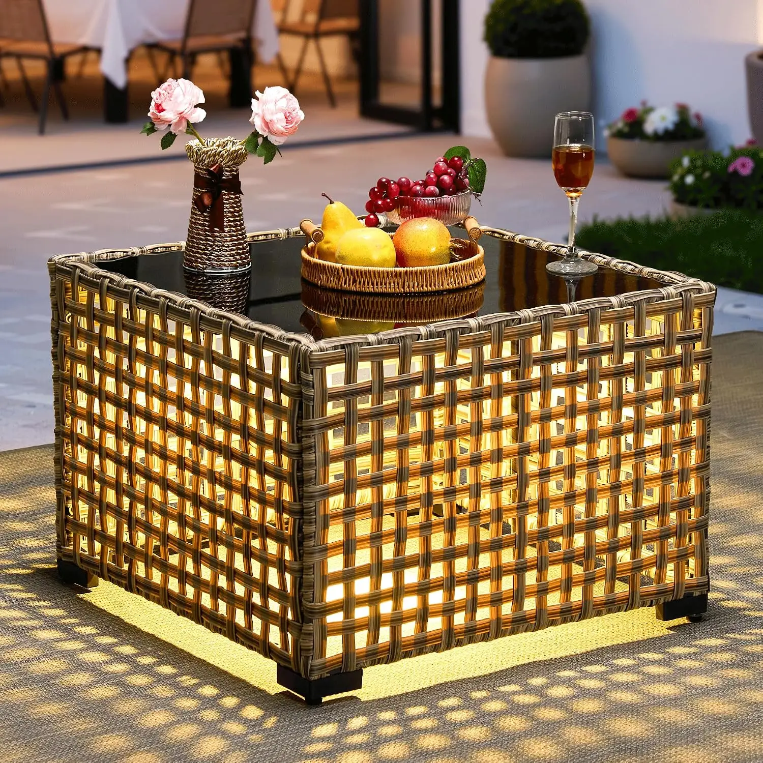 Wicker Side Table Glass Top Solar Light All-Weather Patio Porch Deck Balcony Garden Poolside Brown Medium, Customized