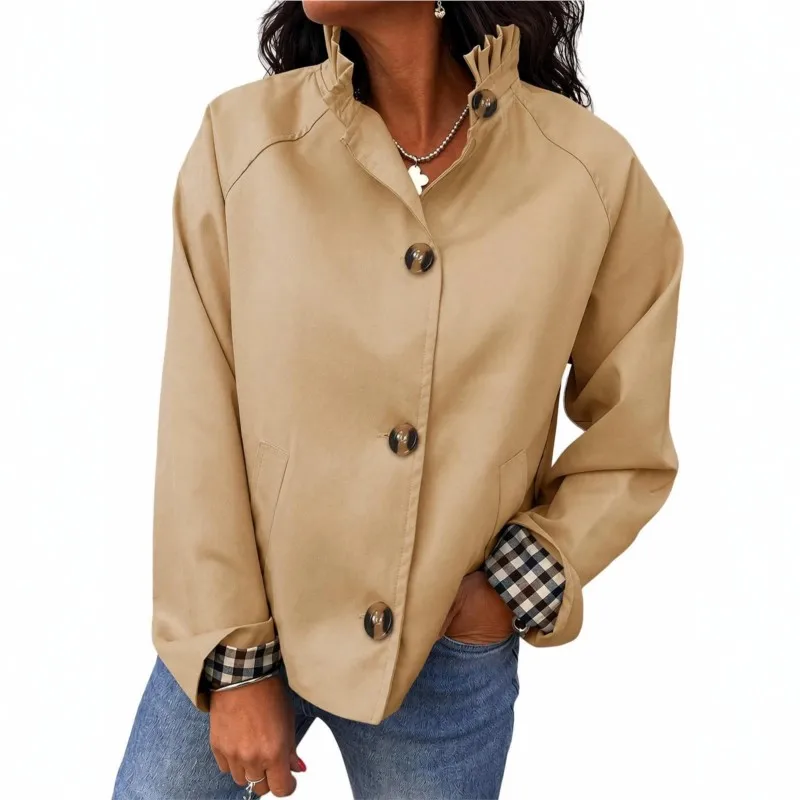 2026 New Women's Autumn And Winter Jacket With Stand Up Collar And Checkered Lining Fashionable Comfortable Casual Loose Jacket