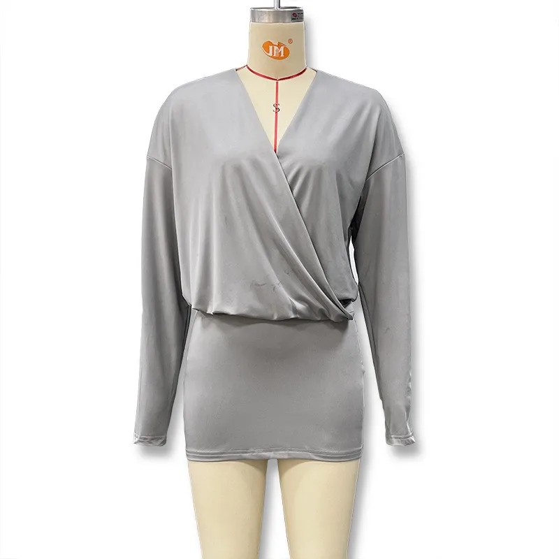 Mini Dress Vestidos Dresses 2025 Woman Women's Clothing Package Hip V-link Long Sleeves Tighten The Waist Solid Color Sexy Silm