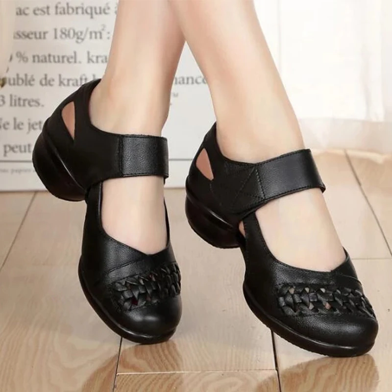 Breathable Dance Shoes Soft Bottom Leather Square Shoe Female Sailor Women Shoes Mid Heel Adult Sneakers Hook & Loop