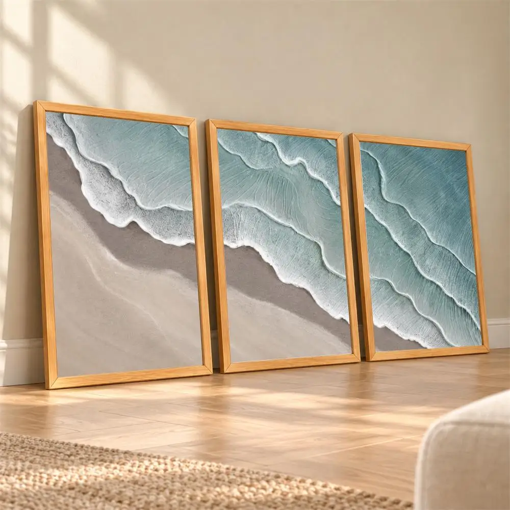 Turquoise Ocean Coastal Waves Painting Calligraphy 3 Pieces Canvas Poster Set Wall Art for Bedroom Living Room Home Decor Gift