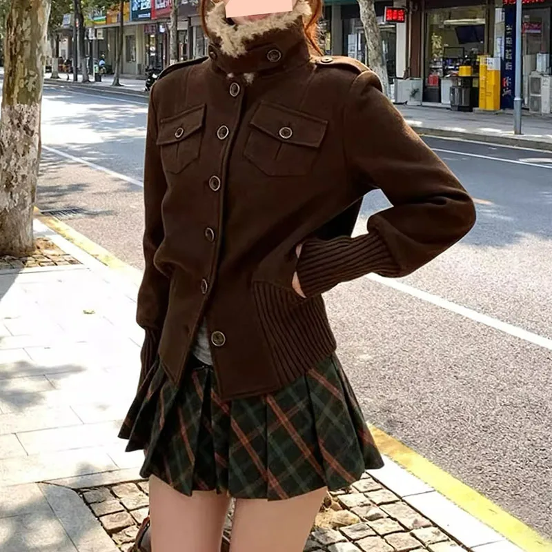 

Woman Clothes New Outerwear Autumn Winter Vintage Metal Buckle Plush Collar Jacket Women's Fashion Commute Korean Woolen Coat