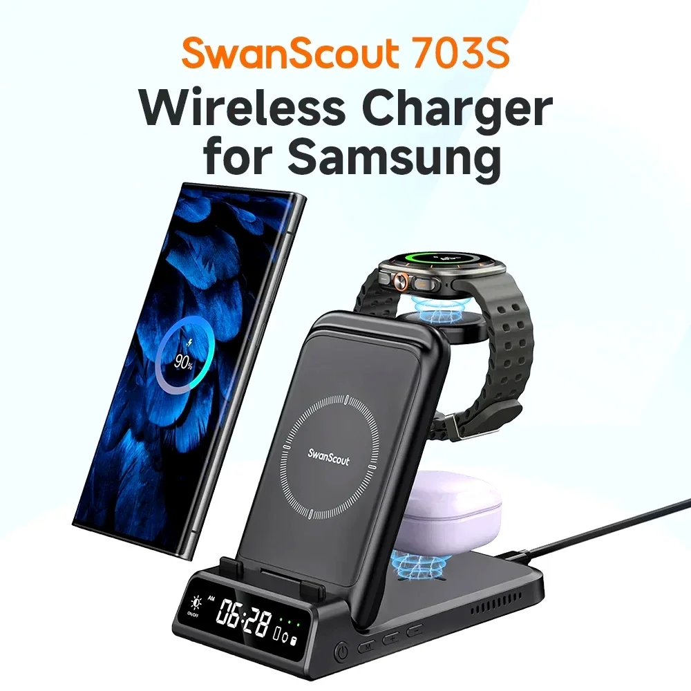 SwanScout 703S Wireless Charger for Samsung S25 Ultra S24 Z Fold 7 Z Flip 7 Charging Station for Galaxy Watch 8 7 for Buds 3 pro