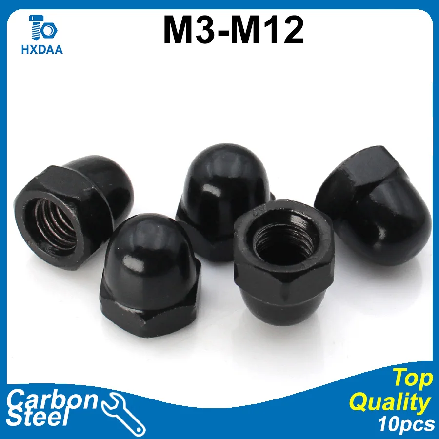 10pcs M3 M4 M5 M6 M8 M10 M12 Black Carbon Steel Hex Nut Acorn Cap Nuts Dome Head Closed End