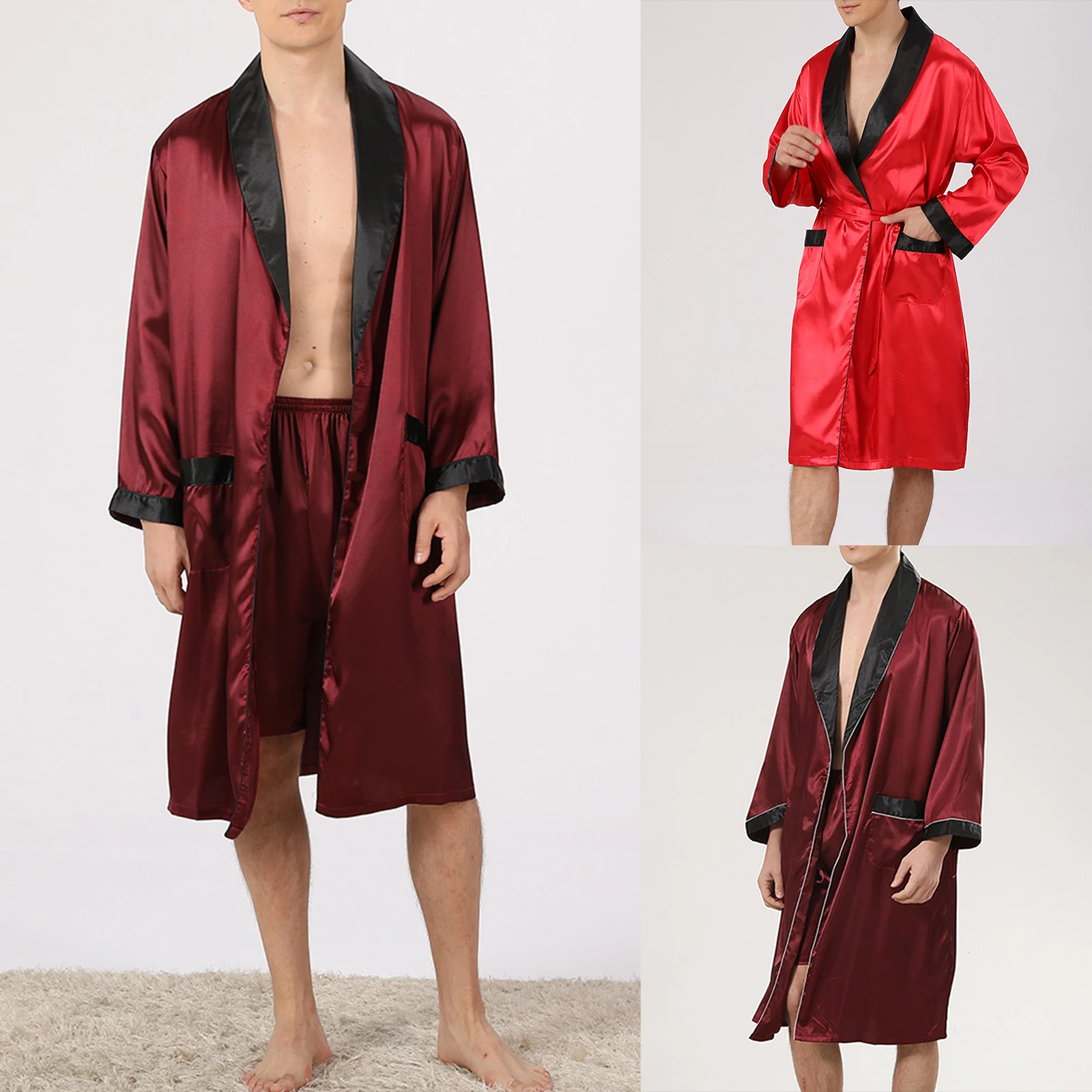 Douhoow Men Pajama Set Summer Male Long Sleeve Open Front Robe with Shorts and Belt Sleepwear Loungewear