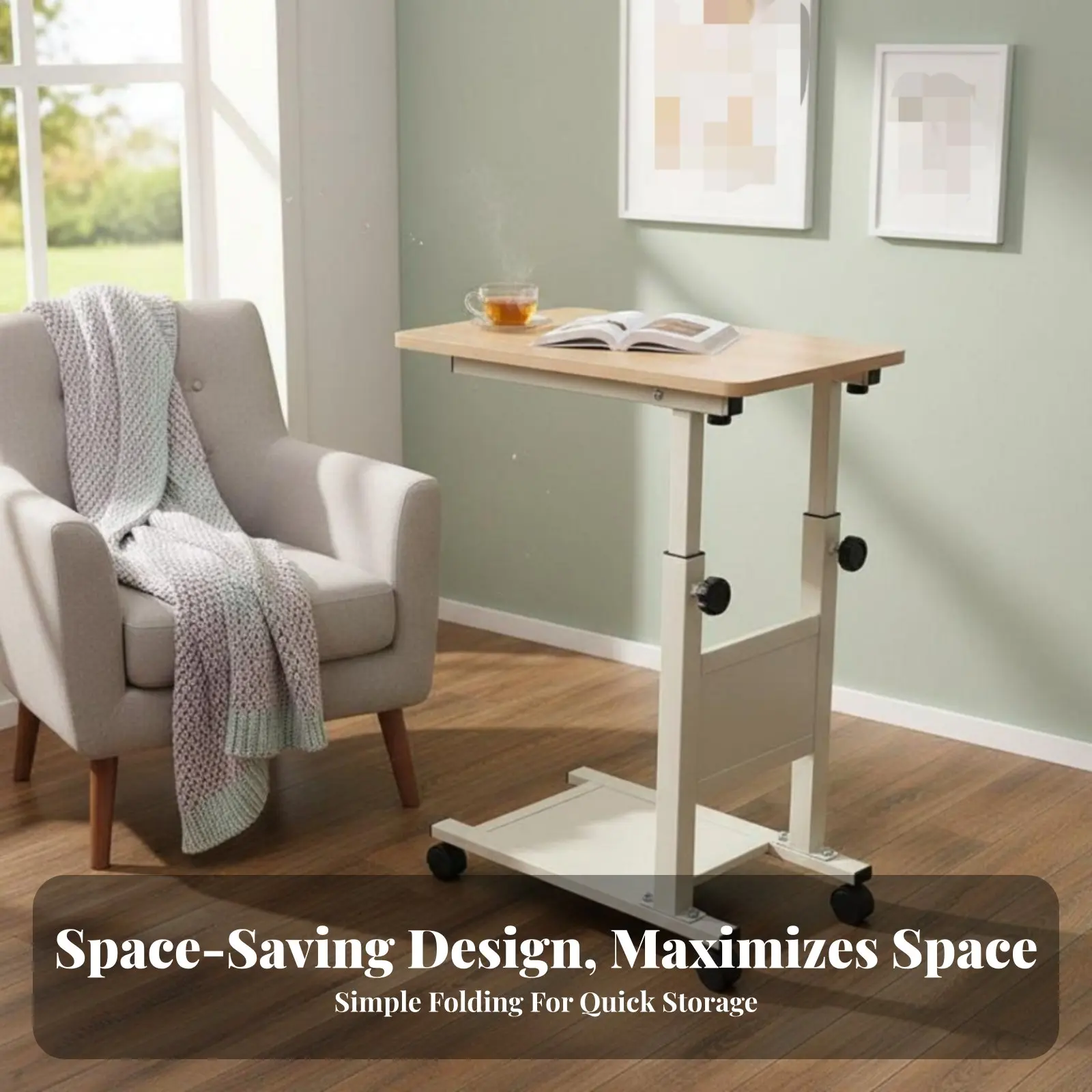 

Adjustable Overbed Table with Casters Height-Adjustable C-Shaped Tray Lockable Casters Easy Assembly for Telecommuting Workers