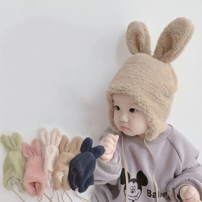 Cute Cartoon Bunny Ear Caps For Kids Winter Warm Hat Toddler Baby Kids Solid Color Kids Boy Girl Earflap Hats Bonnet Gorras