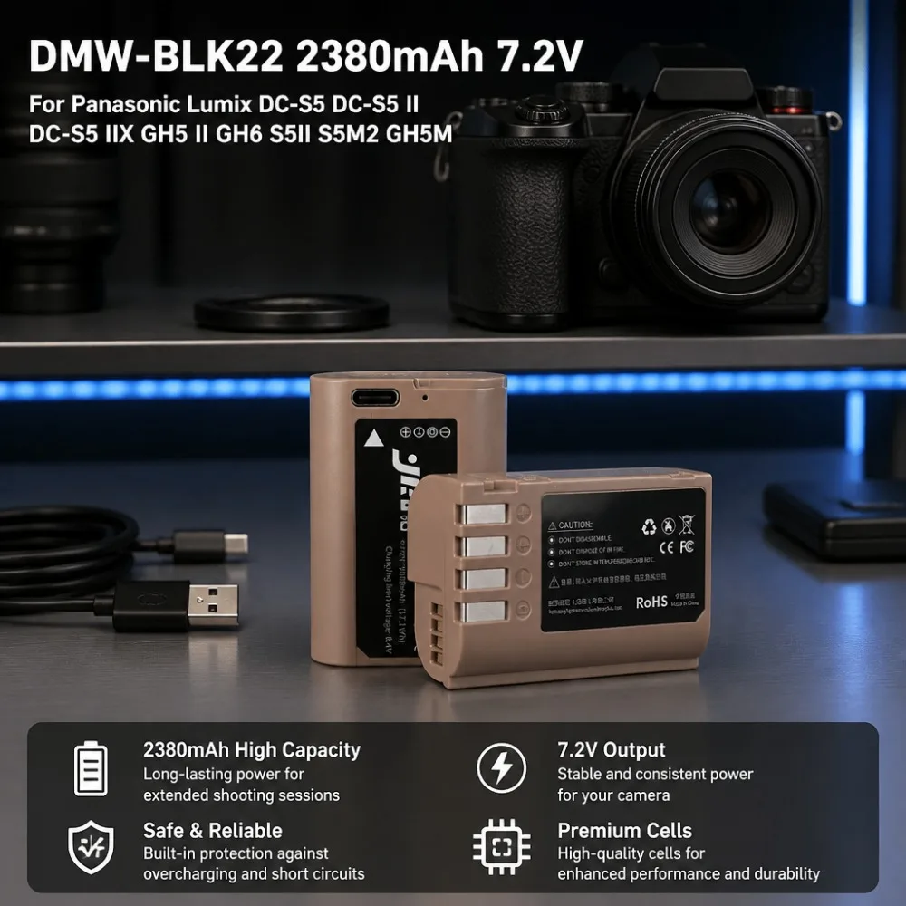High-Quality DMW-BLK22 2380mAh 7.2V Rechargeable Replacement Battery For Panasonic Lumix DC-S5 S5 II S5IIX GH5 II GH6 S5M2 GH5M2