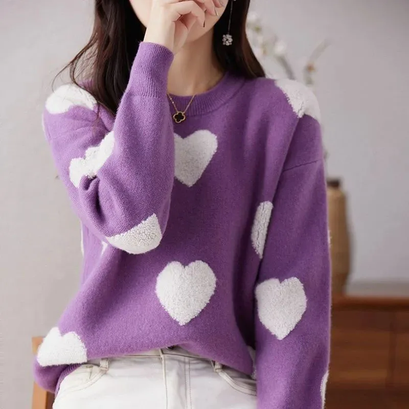 New Autumn and Winter Fashion Lazy Style High Grade Love Colored Collar Loose Versatile Foreigner Women\'s Long Sleeve Sweater