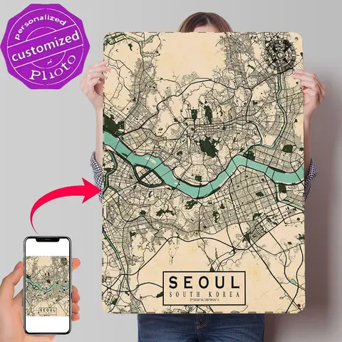 Seoul City Map Vintage 3D Printed Texture Poster Personalized Wall Art Retro Metal Tin Signs for Modern Home Decoration Luxury