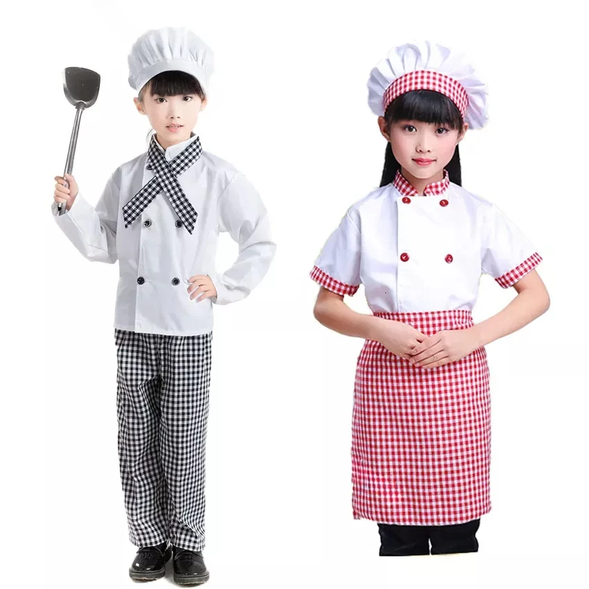 Kids Chef Jacket Plaid Trousers Cook Uniform Food Service Halloween Carnival Cosplay Costumes for Children Girls