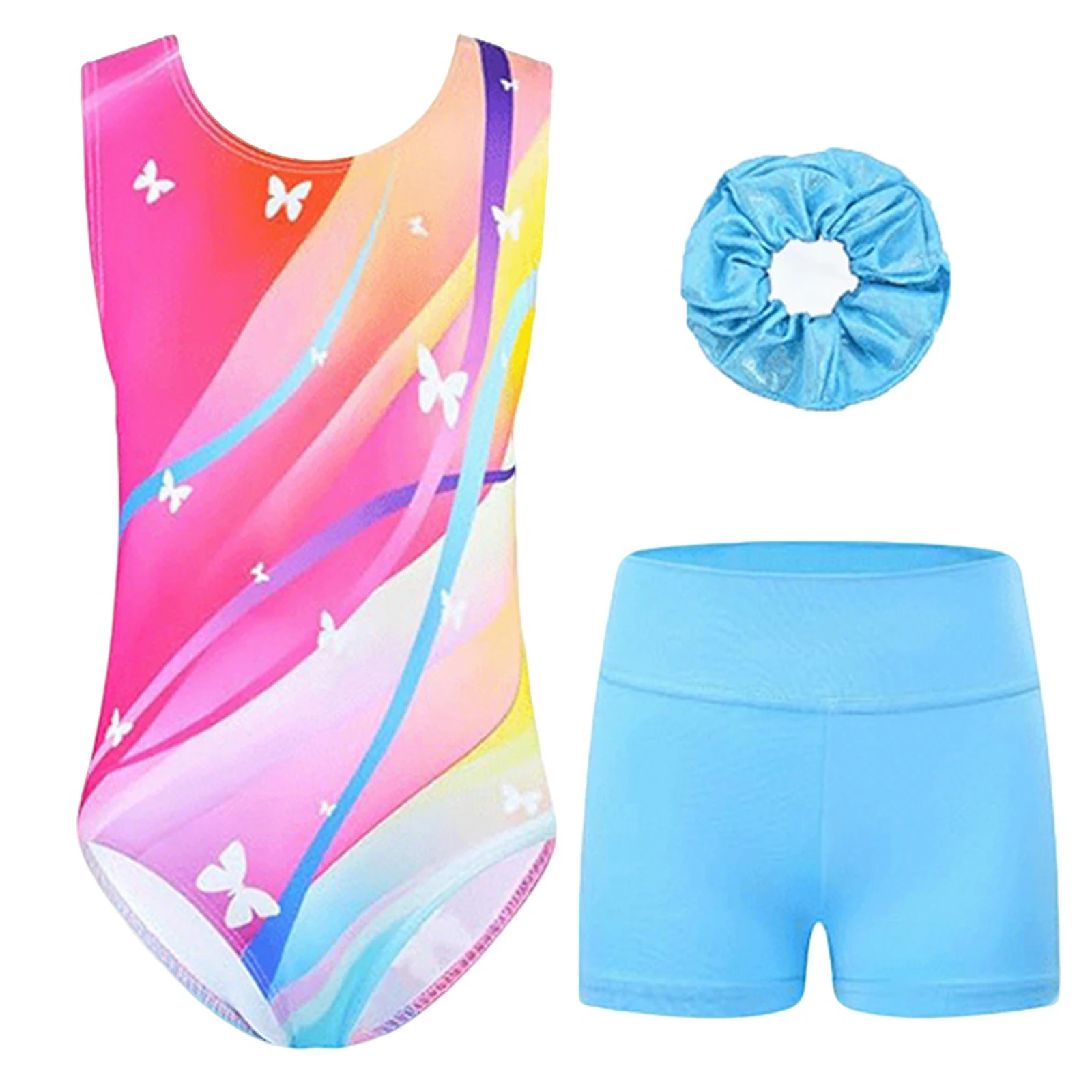 Kids Girls Ballet Dance Gymnastics Leotards Sleeveless Printed Unitards with Shorts Headband Yoga Workout Training Activewear