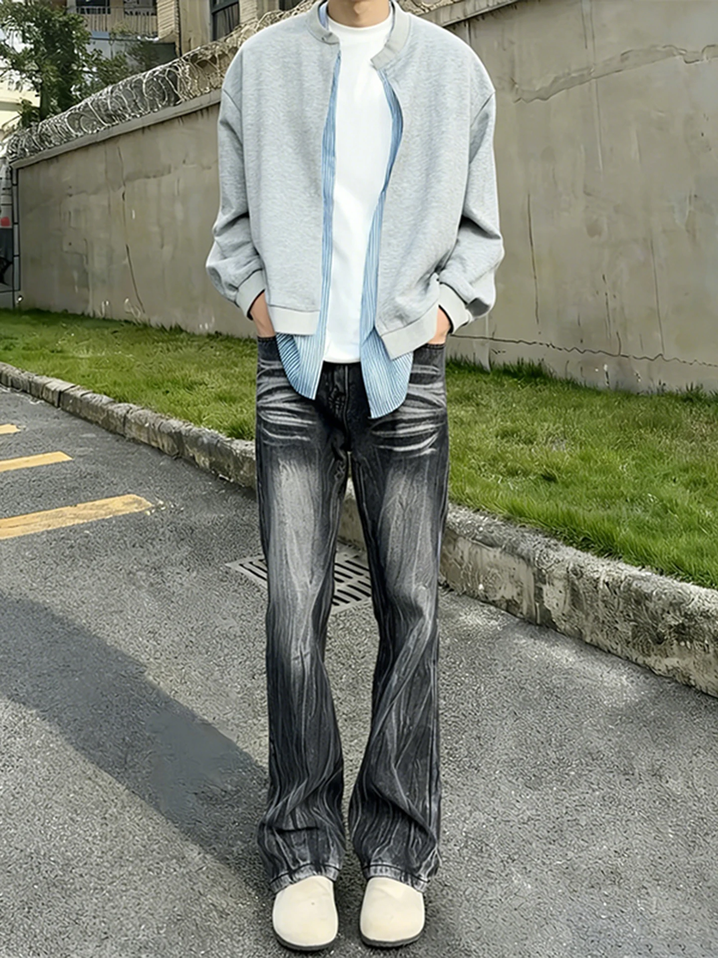 

Retro American Lightning Pattern adient Thiened Fce Men's Jeans Straight Leg Bell Bot Casual Youthful Wear