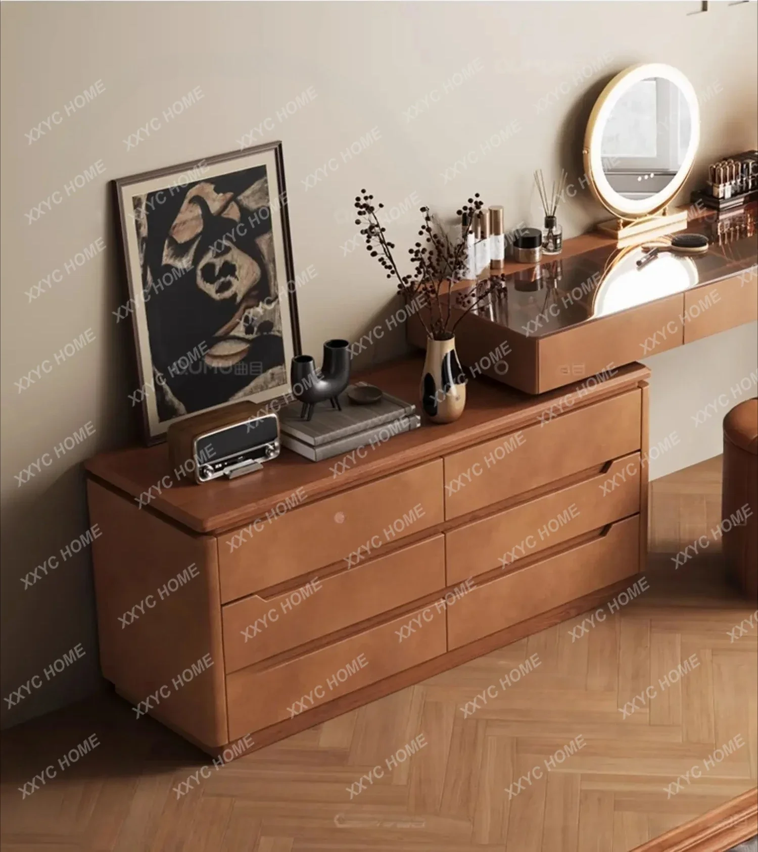 Solid wood dresser integrated antique simple household bedroom storage cabinet flip retractable rotating desk