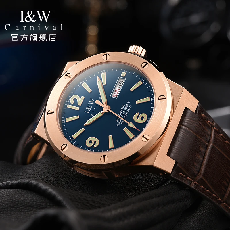 Carnival Brand IW High-End Series Mechanical Watch for Men Leather 50M Waterproof Sapphire Luxury NH36A Movement Watches Mens