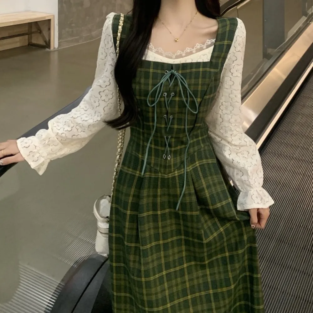 أزياء الأخضر وهمية قطعتين اللباس ألف خط الدانتيل زهرة فستان طويل الأكمام المرقعة الدانتيل يصل منقوشة فستان طويل الصيف