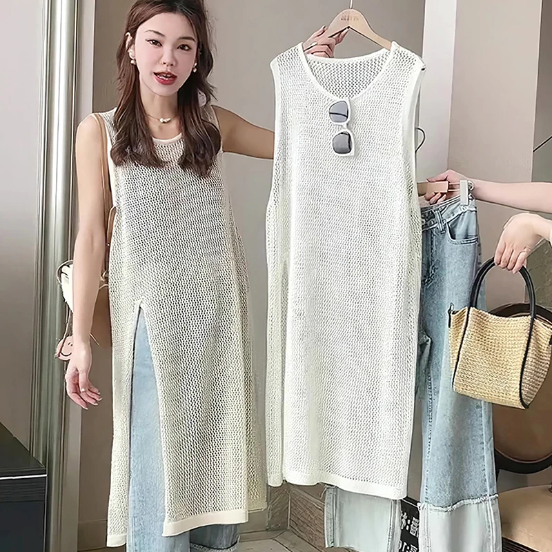Summer Sleeveless Tank Dress Women Hollow Out Solid Color O-neck Basic Casual Holiday Midi Dresses