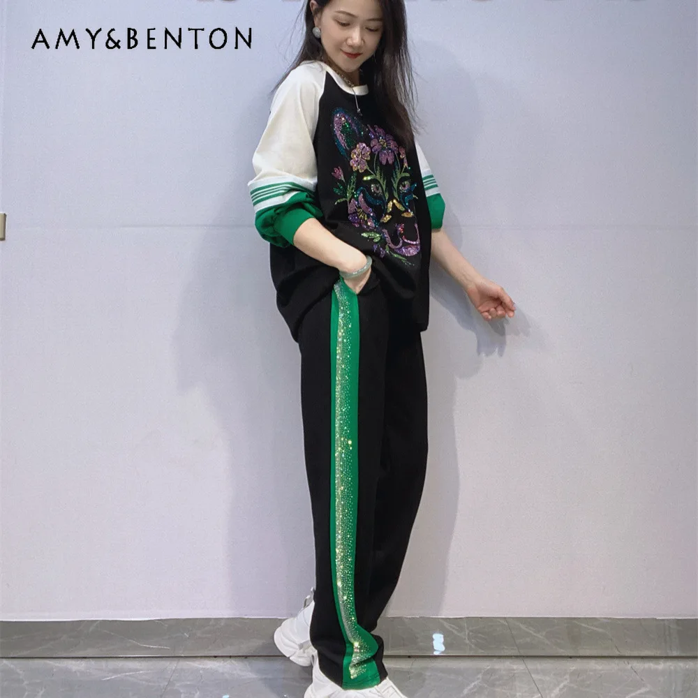 

Women's Kawaii Outfits O-Neck Pullover Oversized Long Sleeves Sweatshirt Pants Set Rhinestone Casual Top Slacks Two-Piece Suit