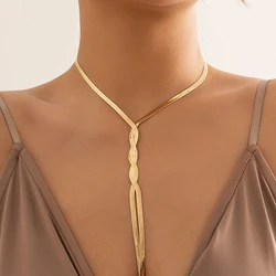 Ingemark Kpop Adjustable Flat Snake Long Chain Necklace for Women Wed Temperament Weave Link Choker Chest Neck Jewelry Gift New