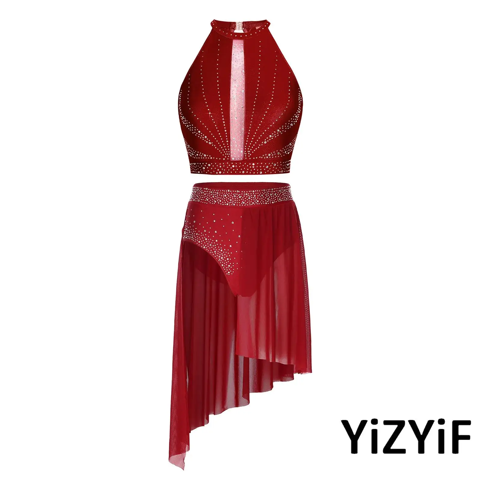 Rhinestone Keyhole Salsa Belly Dance Crop Top and Irregular Hem Skirt for Women Sleeveless Side Split Flowy Modern Dance Costume